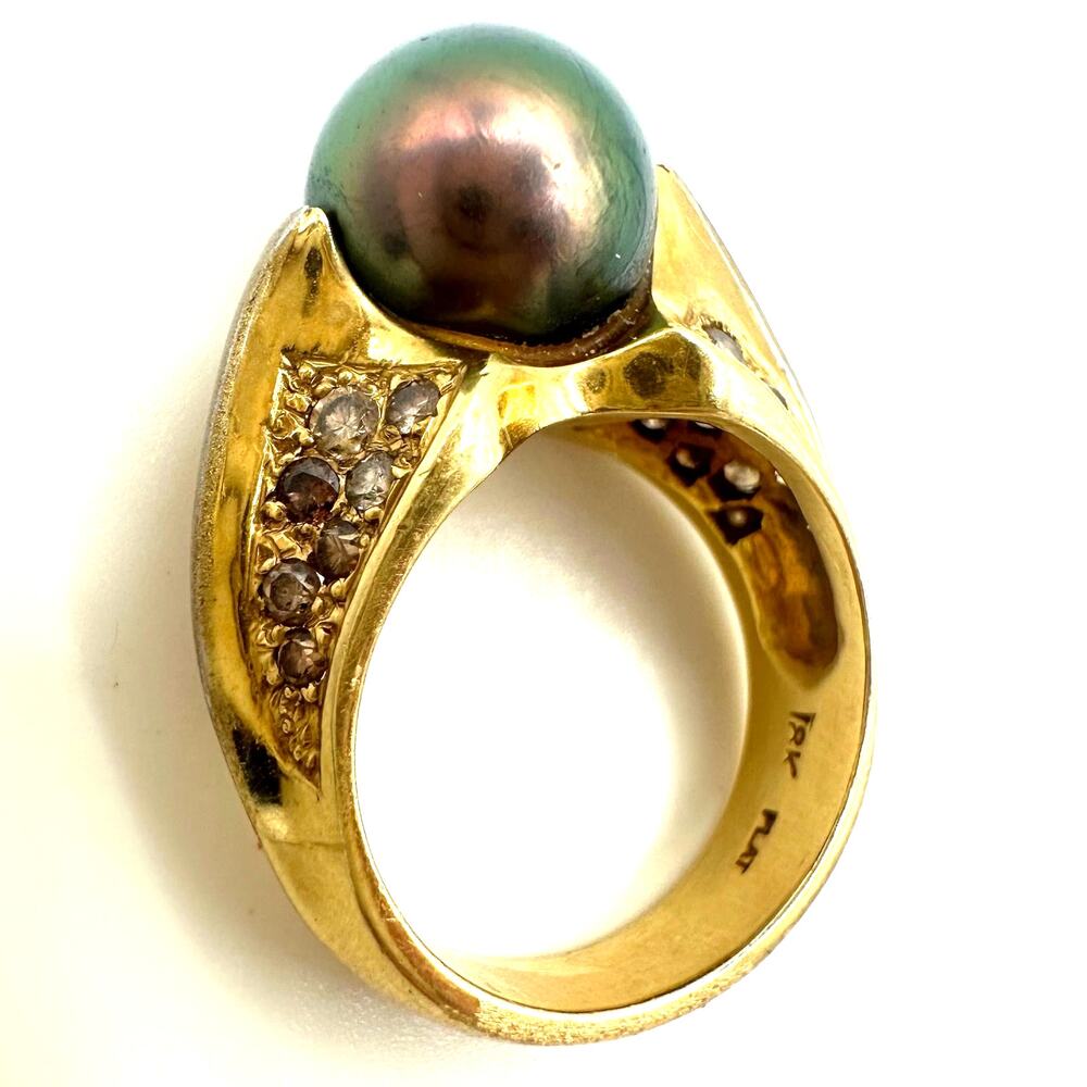 Vintage solid 18k gold 28 diamonds 0.20ctw 10mm Tahitian Pearl ring size 5.75